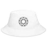 White bucket hat with Black 9 Point Star Pentagram Occult Symbol embroidered artwork, front view