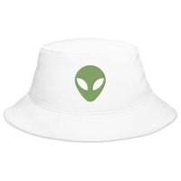 White bucket hat with Alien Face Little Green Men embroidered artwork, front view
