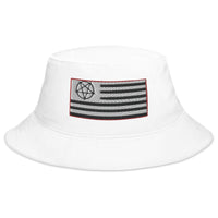 White bucket hat with American Satanist Inverted Pentagram U.S. Flag embroidered artwork, front view