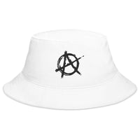 White bucket hat with Black Anarchy Sign Punk Rock Chaos embroidered artwork, front view