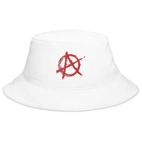White bucket hat with Red Anarchy Sign Punk Rock Chaos embroidered artwork, front view