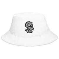 White bucket hat with White Ancient Chinese Dragon embroidered artwork, front view