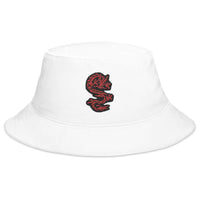White bucket hat with Red Ancient Chinese Dragon embroidered artwork, front view