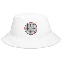 White bucket hat with Ancient Japanese Symbol embroidered artwork, front view