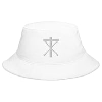 White bucket hat with Anti Christian Bone Cross embroidered artwork, front view