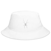 White bucket hat with White Arachnid Creepy Black Widow Spider embroidered artwork, front view