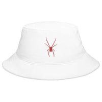 White bucket hat with Red Arachnid Creepy Black Widow Spider embroidered artwork, front view