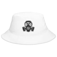 White bucket hat with White Bio Hazard Gas Mask embroidered artwork, front view