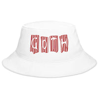 White bucket hat with Black and Red Vertical Stripe Goth embroidered artwork, front view