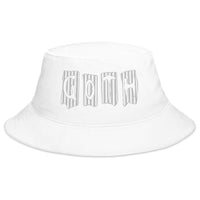 White bucket hat with Black and White Vertical Stripe Goth embroidered artwork, front view