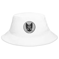 White bucket hat with Black Cat Wiccan Pentagram embroidered artwork, front view