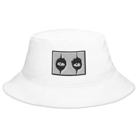 White bucket hat with Black Eyeliner The Eyes of Alice Cooper embroidered artwork, front view
