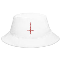 White bucket hat with Red Inverted Cross Black Metal Style embroidered artwork, front view