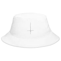 White bucket hat with White Inverted Cross Black Metal Style embroidered artwork, front view