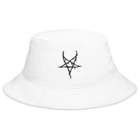 White bucket hat with Black Inverted Pentagram Black Metal Style embroidered artwork, front view