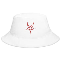White bucket hat with Red Inverted Pentagram Black Metal Style embroidered artwork, front view