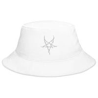 White bucket hat with White Inverted Pentagram Black Metal Style embroidered artwork, front view