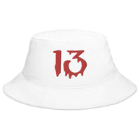 White bucket hat with Bloody Number Thirteen 13 Lucky Halloween embroidered artwork, front view