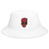 White bucket hat with Broken Creepy Skull embroidered artwork, front view