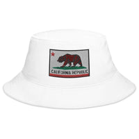 White bucket hat with California U.S. State Flag embroidered artwork, front view