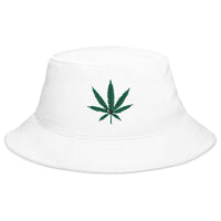 White bucket hat with Cannabis Pot Leaf Marijuana embroidered artwork, front view