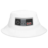 White bucket hat with Classic 80's Game Controller embroidered artwork, front view