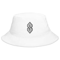 White bucket hat with Cool S, Graffiti S, Middle School S embroidered artwork, front view