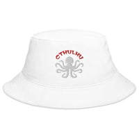 White bucket hat with Cthulhu The Elder Gods embroidered artwork, front view