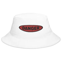 White bucket hat with Red Danger Sign embroidered artwork, front view