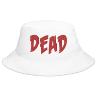 White bucket hat with Red DEAD Emotional Depression embroidered artwork, front view