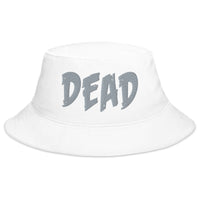White bucket hat with Grey DEAD Emotional Depression embroidered artwork, front view