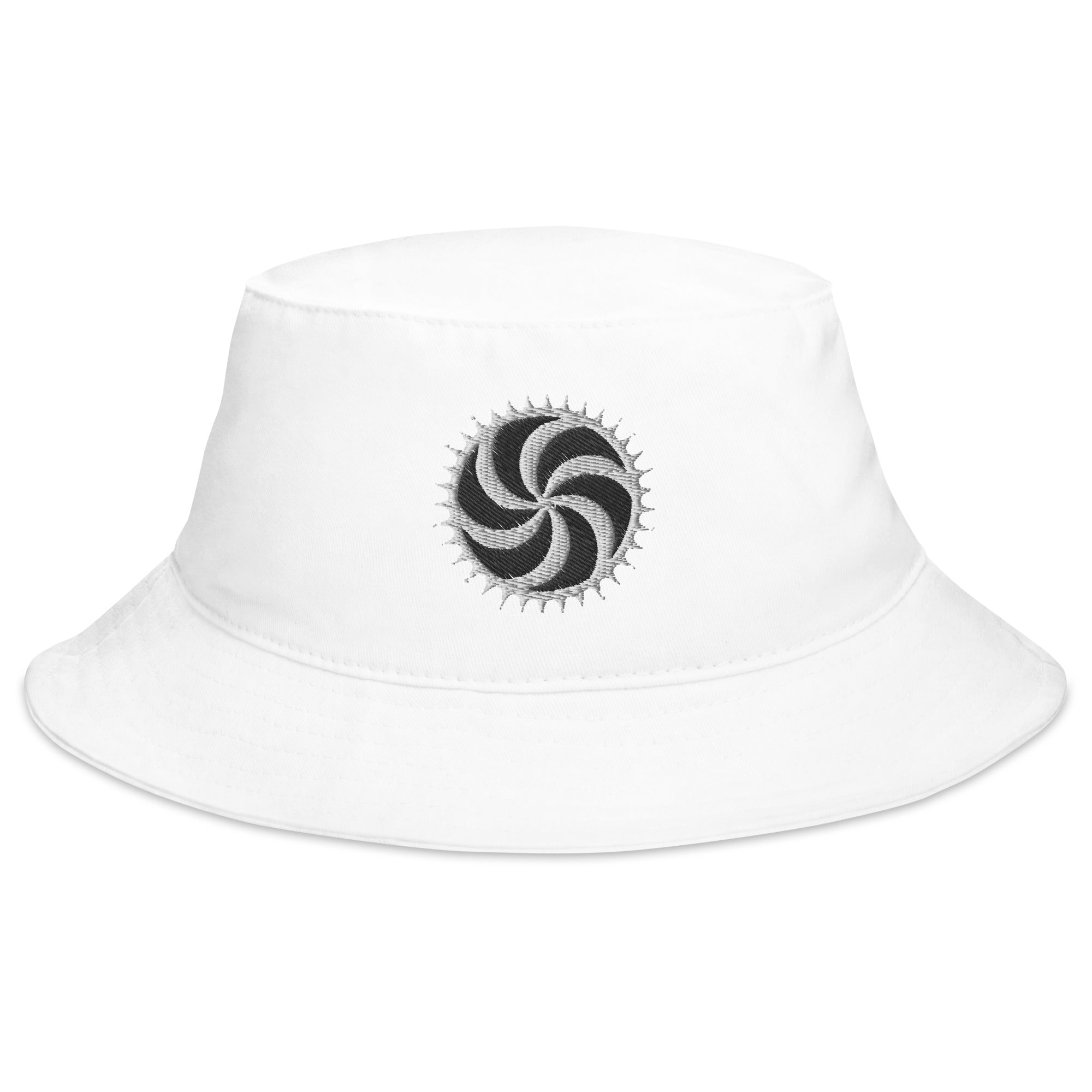 White Deadly Swirl Spike Symbol Embroidered Bucket Hat