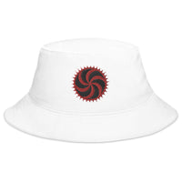 White bucket hat with Red Deadly Swirl Spike Symbol embroidered artwork, front view