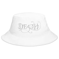 White bucket hat with Whimsical Death embroidered artwork, front view