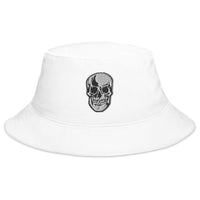 White bucket hat with Death Skull Horror Style embroidered artwork, front view