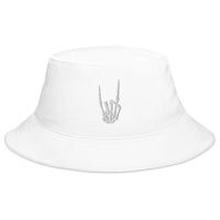 White bucket hat with Devil Horns Bone Hand embroidered artwork, front view