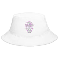 White bucket hat with Dia De Los Muertos Day of the Dead Sugar Skull embroidered artwork, front view