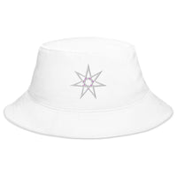 White bucket hat with White Elven Star embroidered artwork, front view