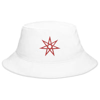 White bucket hat with Red Elven Star embroidered artwork, front view