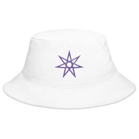 White bucket hat with Purple Elven Star embroidered artwork, front view