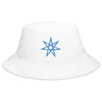 White bucket hat with Blue Elven Star embroidered artwork, front view