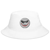 White bucket hat with Evil Grin Joker embroidered artwork, front view