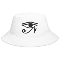White bucket hat with Black Eye of Ra Egyptian Goddess embroidered artwork, front view