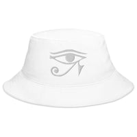 White bucket hat with White Eye of Ra Egyptian Goddess embroidered artwork, front view