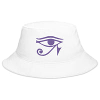 White bucket hat with Purple Eye of Ra Egyptian Goddess embroidered artwork, front view