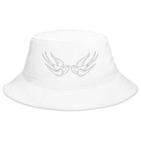 White bucket hat with White Falling Sparrows Tattoo Style Bird embroidered artwork, front view