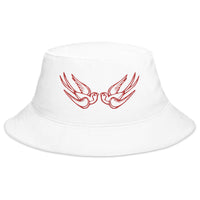 White bucket hat with Red Falling Sparrows Tattoo Style Bird embroidered artwork, front view