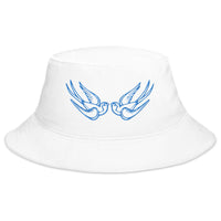 White bucket hat with Blue Falling Sparrows Tattoo Style Bird embroidered artwork, front view