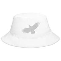 White bucket hat with Flying Raven Black Bird embroidered artwork, front view