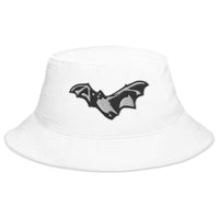 White bucket hat with Flying Vampire Bat Goth Halloween Style embroidered artwork, front view